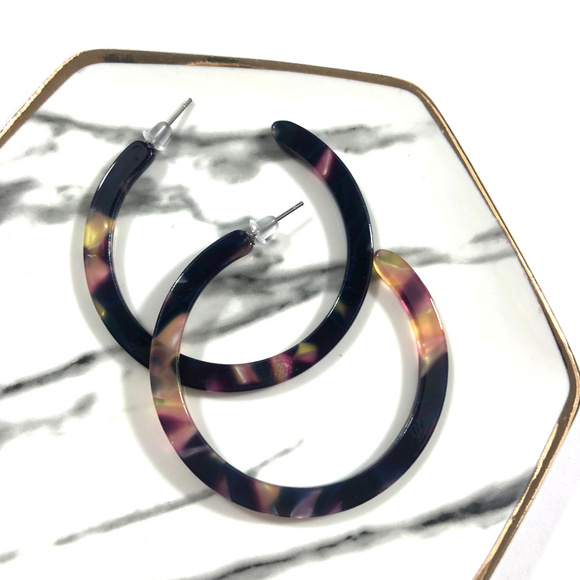 Pink Yellow Purple Tortoise Shell Hoop Earring - Picture 2 of 3